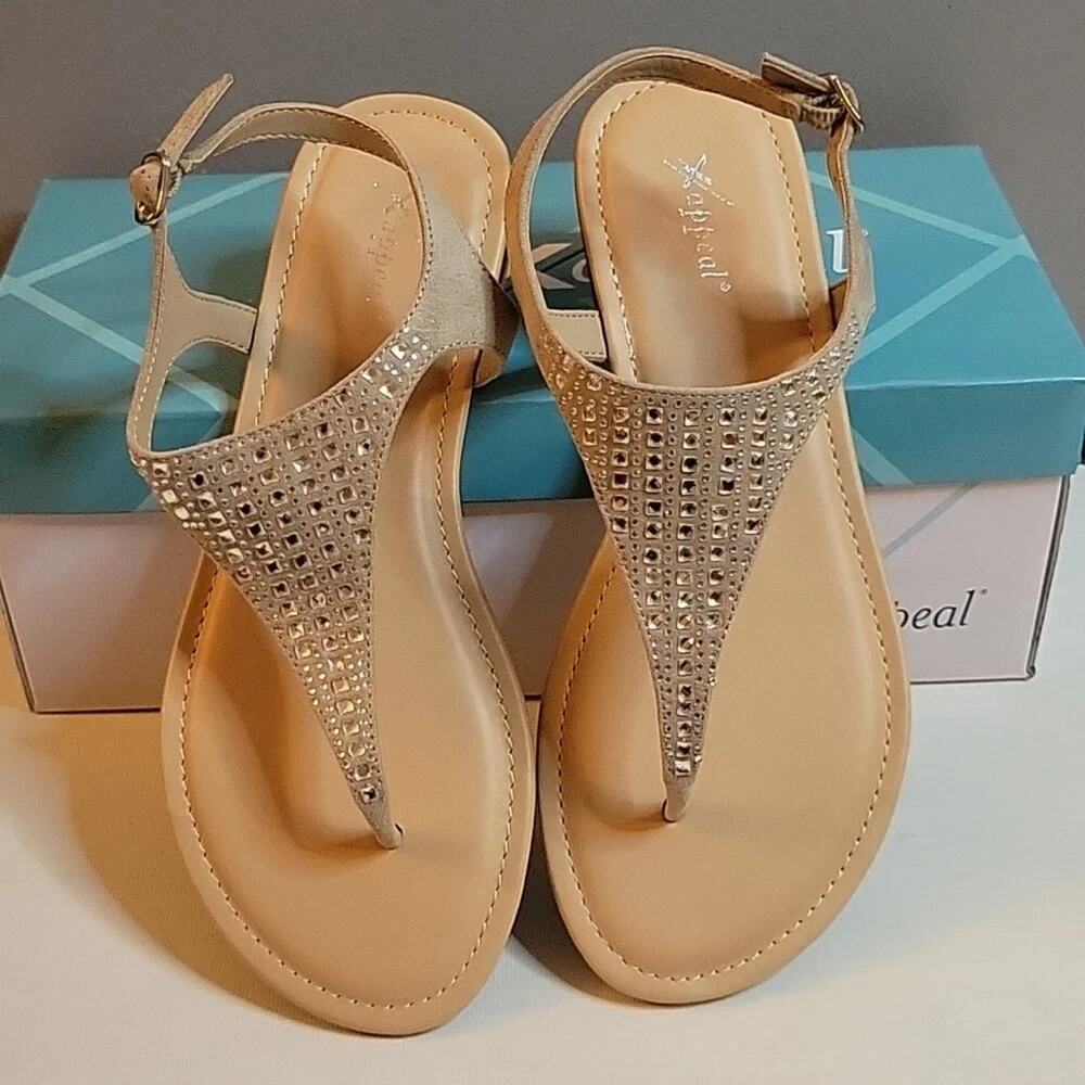 Xappeal Britney Sandals Womens 8.5 Taupe Rhinestone T Strap Sparke Bling